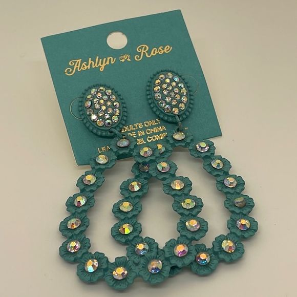 Ashlyn Rose Turquoise Rhinestone Encrusted Statement Earrings New - Picture 1 of 7